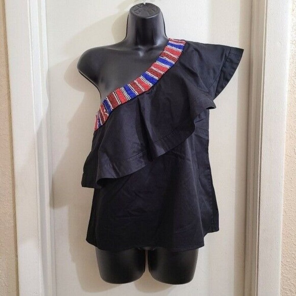 SALONI Esme Ruffle One Shoulder Black Beaded Blouse Size 2